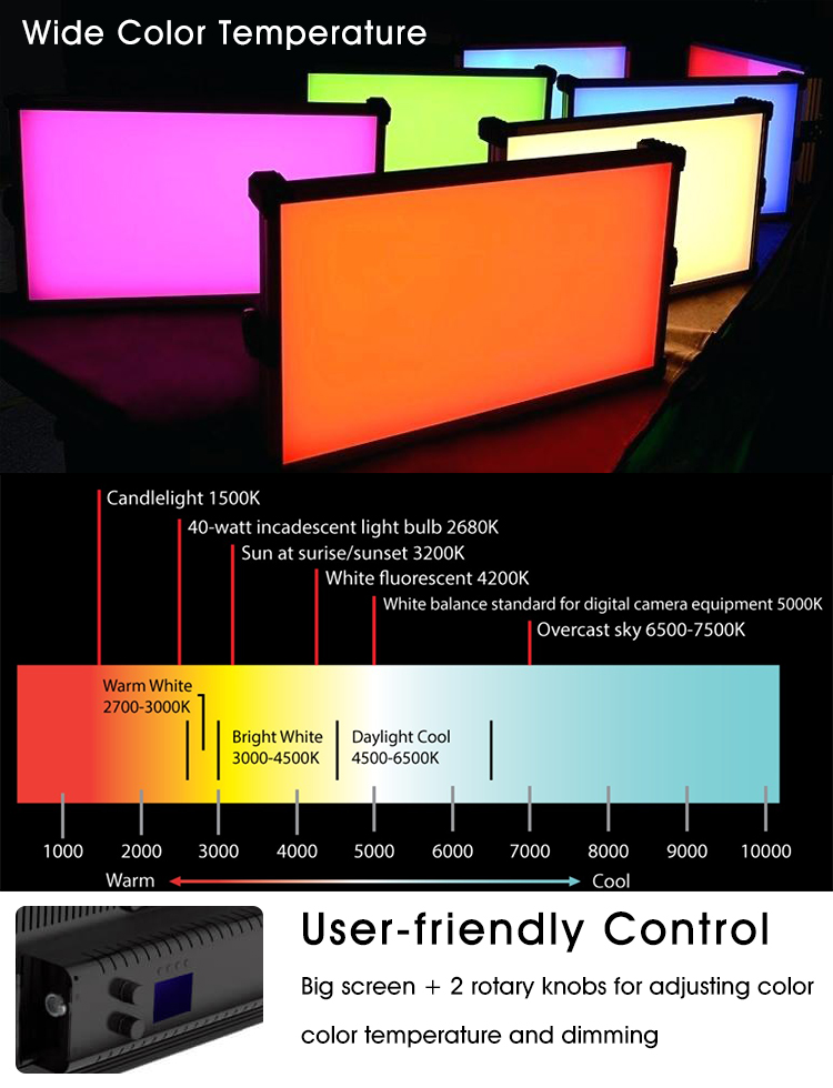 5Farbenfrohe Videoaufnahme, RGB- und zweifarbige LED-Videopanel-Leuchte
